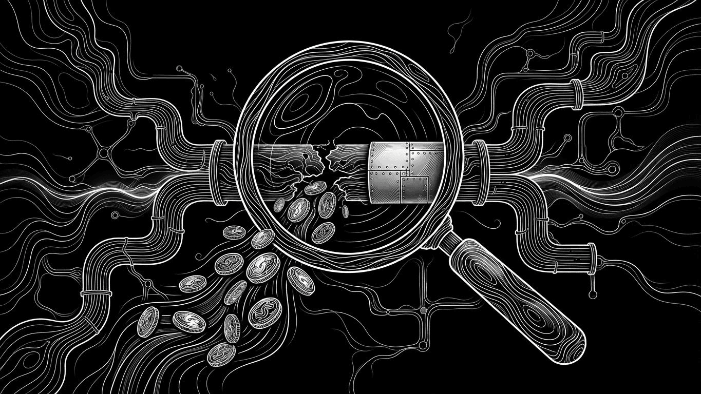 A magnifying glass inspecting a leaking digital pipeline of coins, with one section being repaired.